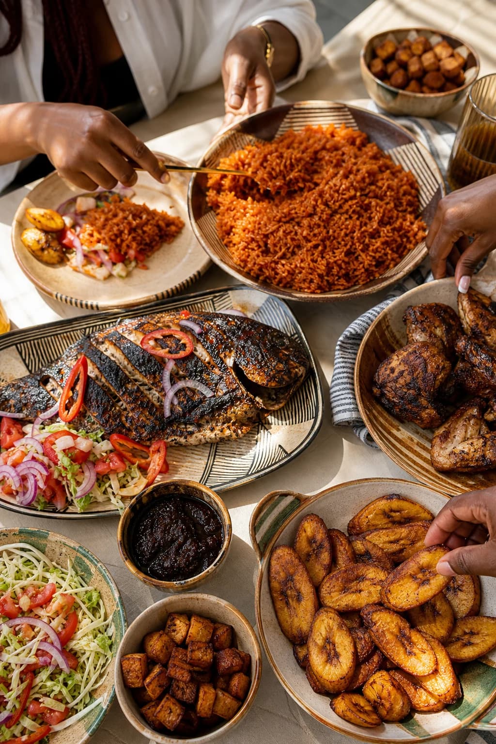 A shared Ghanaian feast with jollof, grilled fish and plantain